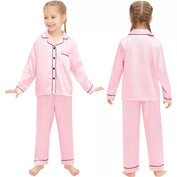 SWOMOG Family Matching Silk Satin Pajamas Button Down Sleepwear Long Sleeve Silky Nightwear 2 Pcs Pj SetKids Pink