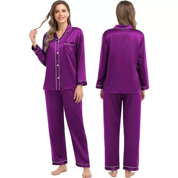 SWOMOG Family Matching Silk Satin Pajamas Button Down Sleepwear Long Sleeve Silky Nightwear 2 Pcs Pj SetKids Purple