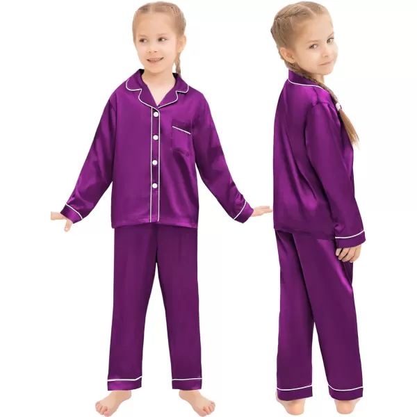 SWOMOG Family Matching Silk Satin Pajamas Button Down Sleepwear Long Sleeve Silky Nightwear 2 Pcs Pj SetKids Purple