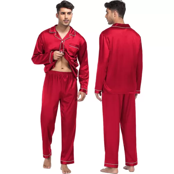 SWOMOG Family Matching Silk Satin Pajamas Button Down Sleepwear Long Sleeve Silky Nightwear 2 Pcs Pj SetKids Red