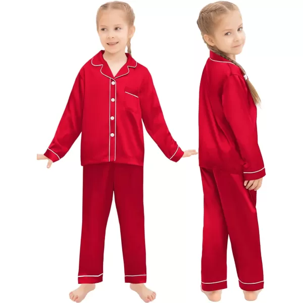 SWOMOG Family Matching Silk Satin Pajamas Button Down Sleepwear Long Sleeve Silky Nightwear 2 Pcs Pj SetKids Red