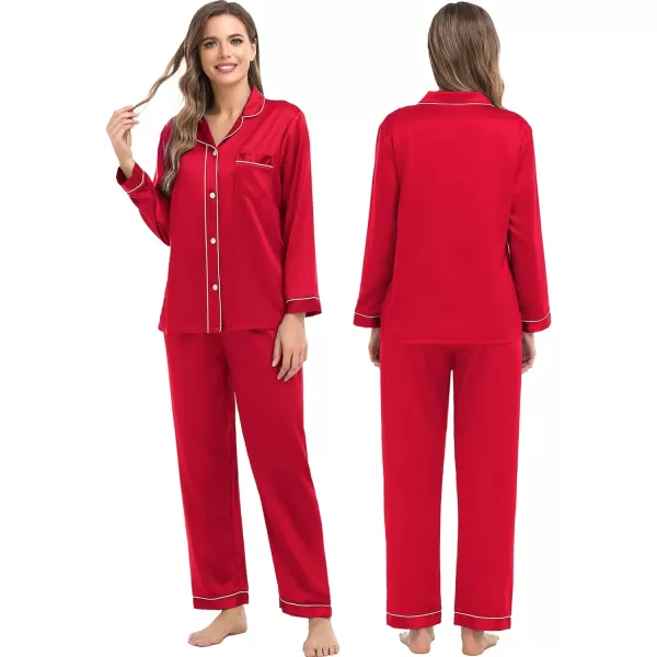 SWOMOG Family Matching Silk Satin Pajamas Button Down Sleepwear Long Sleeve Silky Nightwear 2 Pcs Pj SetKids Red