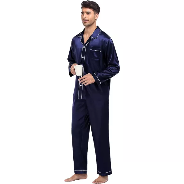 SWOMOG Family Matching Silk Satin Pajamas Button Down Sleepwear Long Sleeve Silky Nightwear 2 Pcs Pj SetMen Deep Navy Blue