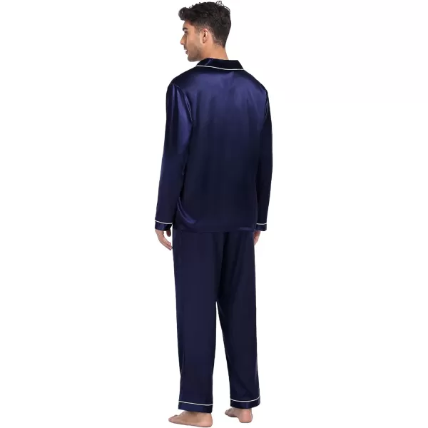 SWOMOG Family Matching Silk Satin Pajamas Button Down Sleepwear Long Sleeve Silky Nightwear 2 Pcs Pj SetMen Deep Navy Blue