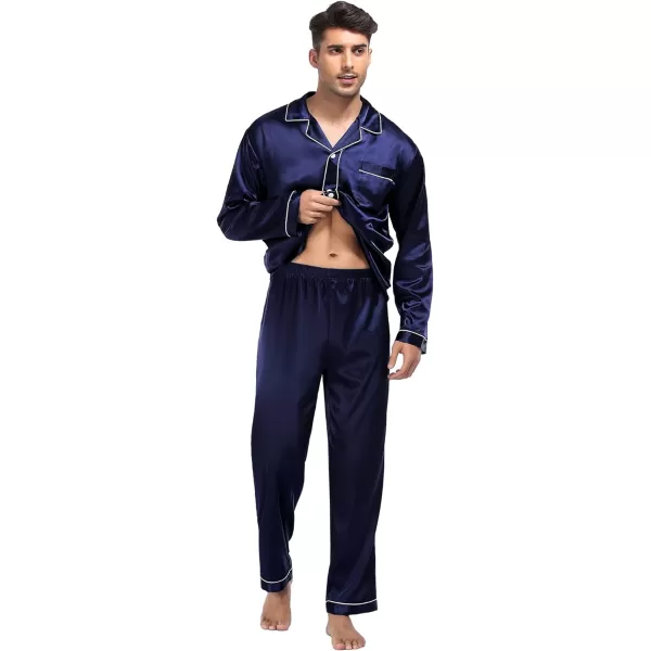 SWOMOG Family Matching Silk Satin Pajamas Button Down Sleepwear Long Sleeve Silky Nightwear 2 Pcs Pj SetMen Deep Navy Blue