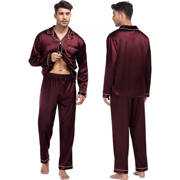 SWOMOG Family Matching Silk Satin Pajamas Button Down Sleepwear Long Sleeve Silky Nightwear 2 Pcs Pj SetMen Deep Wine Red