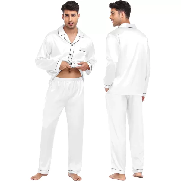 SWOMOG Family Matching Silk Satin Pajamas Button Down Sleepwear Long Sleeve Silky Nightwear 2 Pcs Pj SetMen White