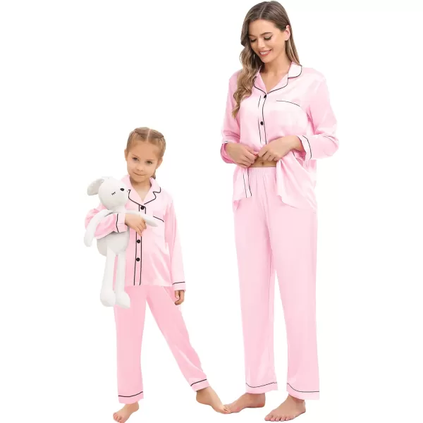 SWOMOG Family Matching Silk Satin Pajamas Button Down Sleepwear Long Sleeve Silky Nightwear 2 Pcs Pj SetWomen Pink