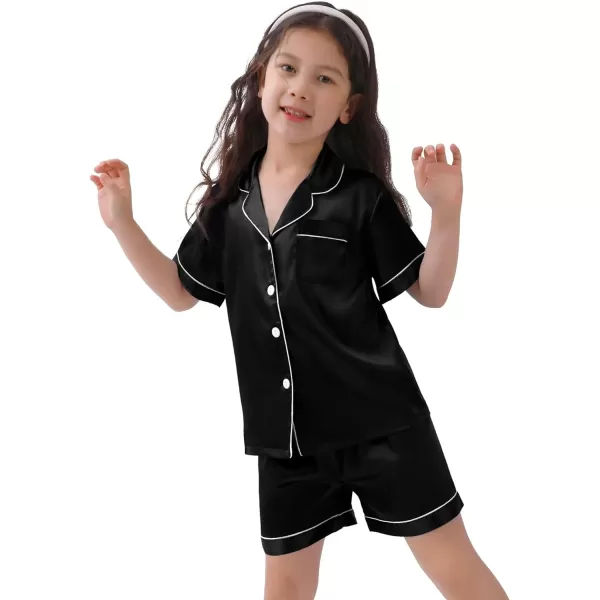 SWOMOG Family Satin Matching Pajamas Sets Button Down Silk Pjs Short Sleeve Soft Lounge Sets 2 Pcs LoungewearKids Black