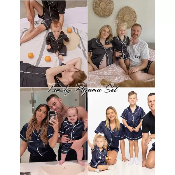 SWOMOG Family Satin Matching Pajamas Sets Button Down Silk Pjs Short Sleeve Soft Lounge Sets 2 Pcs LoungewearKids Black