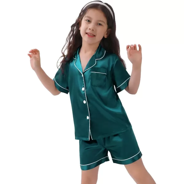 SWOMOG Family Satin Matching Pajamas Sets Button Down Silk Pjs Short Sleeve Soft Lounge Sets 2 Pcs LoungewearKids Green