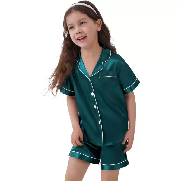 SWOMOG Family Satin Matching Pajamas Sets Button Down Silk Pjs Short Sleeve Soft Lounge Sets 2 Pcs LoungewearKids Green