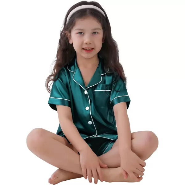 SWOMOG Family Satin Matching Pajamas Sets Button Down Silk Pjs Short Sleeve Soft Lounge Sets 2 Pcs LoungewearKids Green