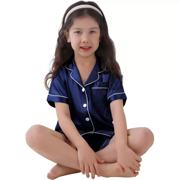 SWOMOG Family Satin Matching Pajamas Sets Button Down Silk Pjs Short Sleeve Soft Lounge Sets 2 Pcs LoungewearKids Navy Blue