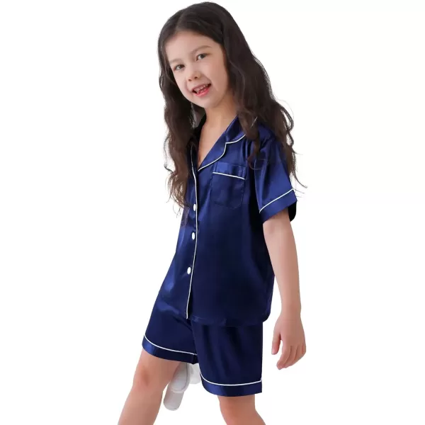 SWOMOG Family Satin Matching Pajamas Sets Button Down Silk Pjs Short Sleeve Soft Lounge Sets 2 Pcs LoungewearKids Navy Blue