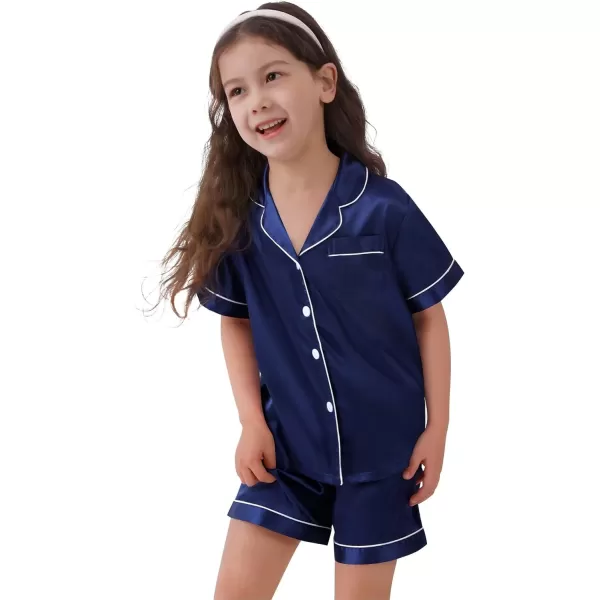 SWOMOG Family Satin Matching Pajamas Sets Button Down Silk Pjs Short Sleeve Soft Lounge Sets 2 Pcs LoungewearKids Navy Blue