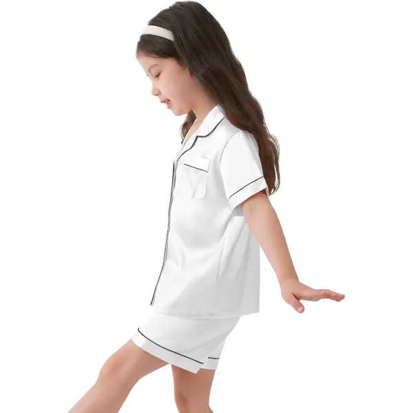 SWOMOG Family Satin Matching Pajamas Sets Button Down Silk Pjs Short Sleeve Soft Lounge Sets 2 Pcs LoungewearKids White