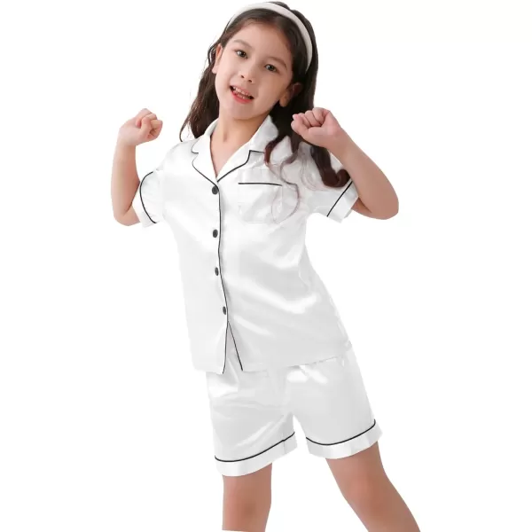 SWOMOG Family Satin Matching Pajamas Sets Button Down Silk Pjs Short Sleeve Soft Lounge Sets 2 Pcs LoungewearKids White