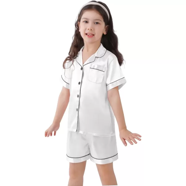 SWOMOG Family Satin Matching Pajamas Sets Button Down Silk Pjs Short Sleeve Soft Lounge Sets 2 Pcs LoungewearKids White