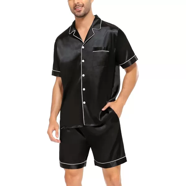 SWOMOG Family Satin Matching Pajamas Sets Button Down Silk Pjs Short Sleeve Soft Lounge Sets 2 Pcs LoungewearMen Black