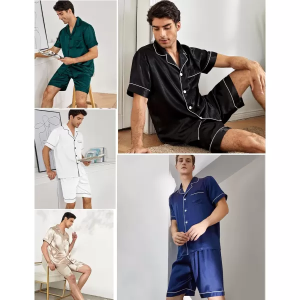 SWOMOG Family Satin Matching Pajamas Sets Button Down Silk Pjs Short Sleeve Soft Lounge Sets 2 Pcs LoungewearMen Black