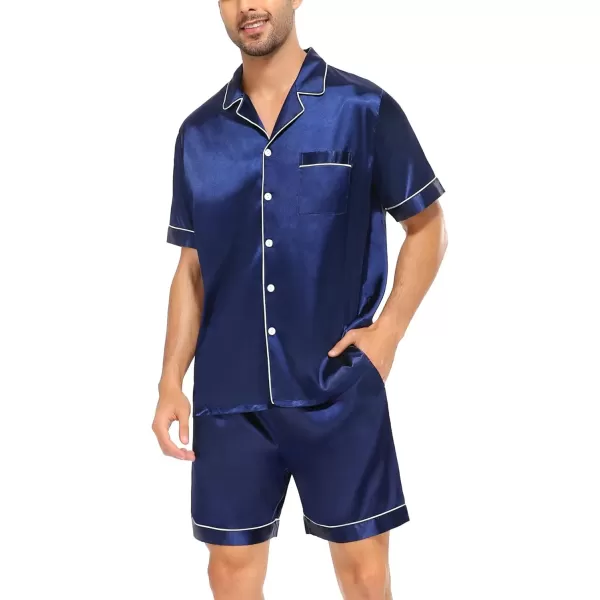 SWOMOG Family Satin Matching Pajamas Sets Button Down Silk Pjs Short Sleeve Soft Lounge Sets 2 Pcs LoungewearMen Navy Blue