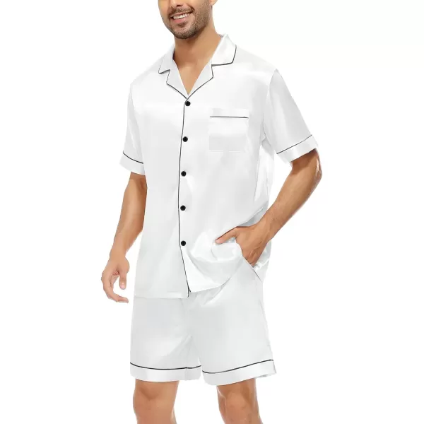 SWOMOG Family Satin Matching Pajamas Sets Button Down Silk Pjs Short Sleeve Soft Lounge Sets 2 Pcs LoungewearMen White