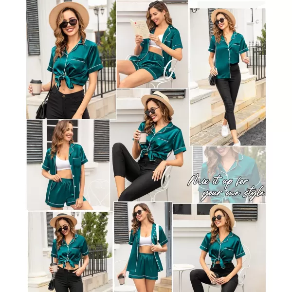 SWOMOG Family Satin Matching Pajamas Sets Button Down Silk Pjs Short Sleeve Soft Lounge Sets 2 Pcs LoungewearWomen Green