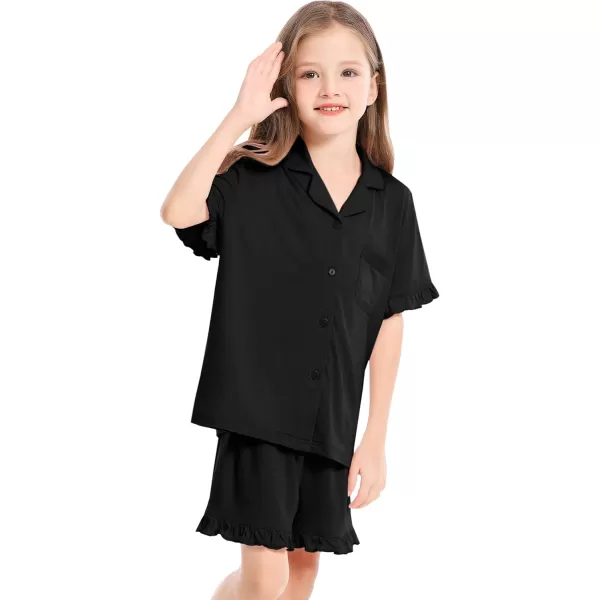 SWOMOG Girls Boys Modal Short Sleeve Pajama Set with Ruffle Hem Unisex Kids Soft Sleepwear 2 Piece Lounge SetsBlack