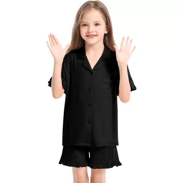 SWOMOG Girls Boys Modal Short Sleeve Pajama Set with Ruffle Hem Unisex Kids Soft Sleepwear 2 Piece Lounge SetsBlack