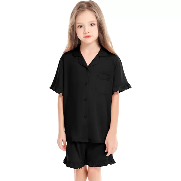 SWOMOG Girls Boys Modal Short Sleeve Pajama Set with Ruffle Hem Unisex Kids Soft Sleepwear 2 Piece Lounge SetsBlack