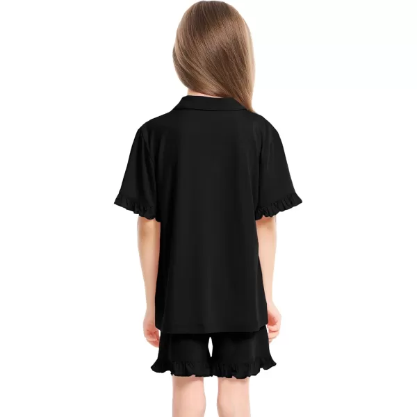 SWOMOG Girls Boys Modal Short Sleeve Pajama Set with Ruffle Hem Unisex Kids Soft Sleepwear 2 Piece Lounge SetsBlack