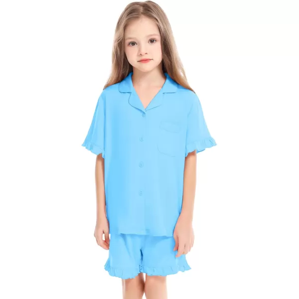 SWOMOG Girls Boys Modal Short Sleeve Pajama Set with Ruffle Hem Unisex Kids Soft Sleepwear 2 Piece Lounge SetsLight Blue