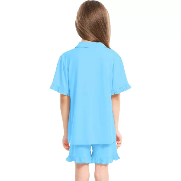 SWOMOG Girls Boys Modal Short Sleeve Pajama Set with Ruffle Hem Unisex Kids Soft Sleepwear 2 Piece Lounge SetsLight Blue