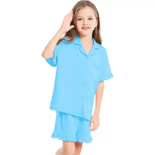 SWOMOG Girls Boys Modal Short Sleeve Pajama Set with Ruffle Hem Unisex Kids Soft Sleepwear 2 Piece Lounge SetsLight Blue