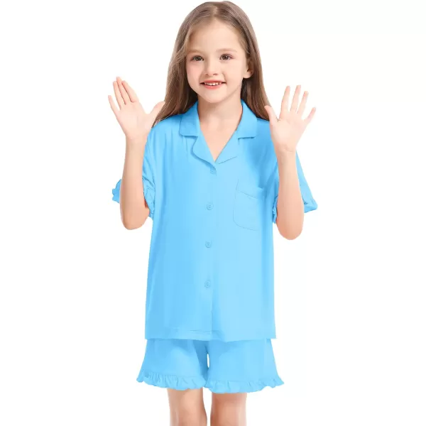 SWOMOG Girls Boys Modal Short Sleeve Pajama Set with Ruffle Hem Unisex Kids Soft Sleepwear 2 Piece Lounge SetsLight Blue