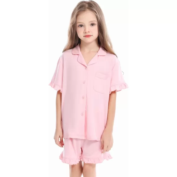 SWOMOG Girls Boys Modal Short Sleeve Pajama Set with Ruffle Hem Unisex Kids Soft Sleepwear 2 Piece Lounge SetsPink