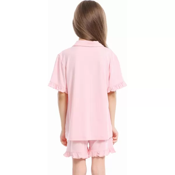 SWOMOG Girls Boys Modal Short Sleeve Pajama Set with Ruffle Hem Unisex Kids Soft Sleepwear 2 Piece Lounge SetsPink