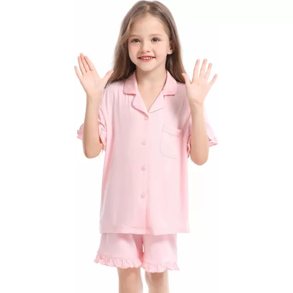 SWOMOG Girls Boys Modal Short Sleeve Pajama Set with Ruffle Hem Unisex Kids Soft Sleepwear 2 Piece Lounge SetsPink