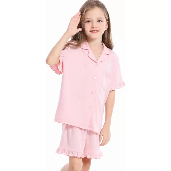 SWOMOG Girls Boys Modal Short Sleeve Pajama Set with Ruffle Hem Unisex Kids Soft Sleepwear 2 Piece Lounge SetsPink