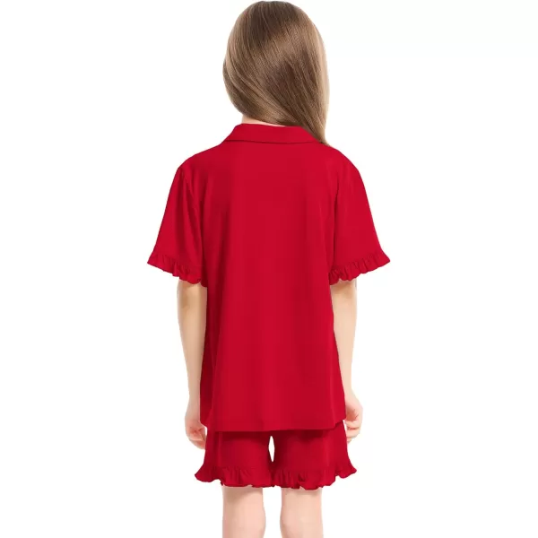 SWOMOG Girls Boys Modal Short Sleeve Pajama Set with Ruffle Hem Unisex Kids Soft Sleepwear 2 Piece Lounge SetsRed