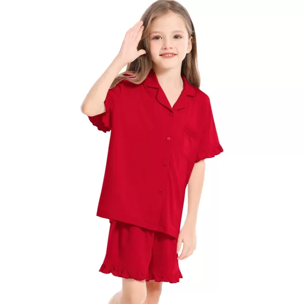 SWOMOG Girls Boys Modal Short Sleeve Pajama Set with Ruffle Hem Unisex Kids Soft Sleepwear 2 Piece Lounge SetsRed