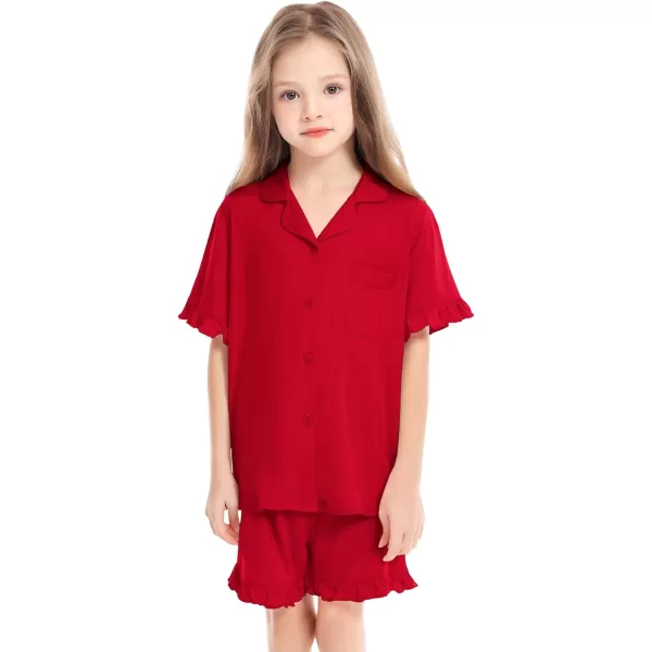 SWOMOG Girls Boys Modal Short Sleeve Pajama Set with Ruffle Hem Unisex Kids Soft Sleepwear 2 Piece Lounge SetsRed