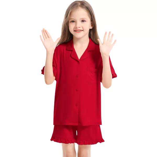 SWOMOG Girls Boys Modal Short Sleeve Pajama Set with Ruffle Hem Unisex Kids Soft Sleepwear 2 Piece Lounge SetsRed