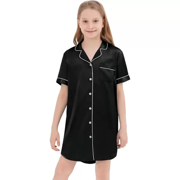 SWOMOG Girls Silk Satin Nightgowns Cute Sleep Dress ButtonDown PJS Tops Short Sleeve SleepshirtBlack