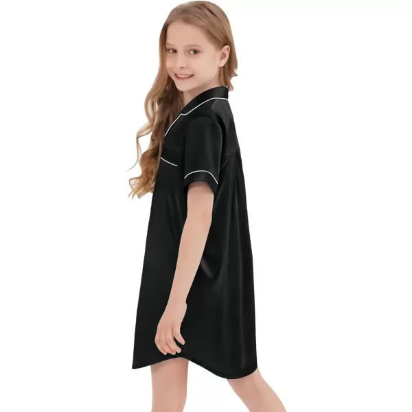 SWOMOG Girls Silk Satin Nightgowns Cute Sleep Dress ButtonDown PJS Tops Short Sleeve SleepshirtBlack