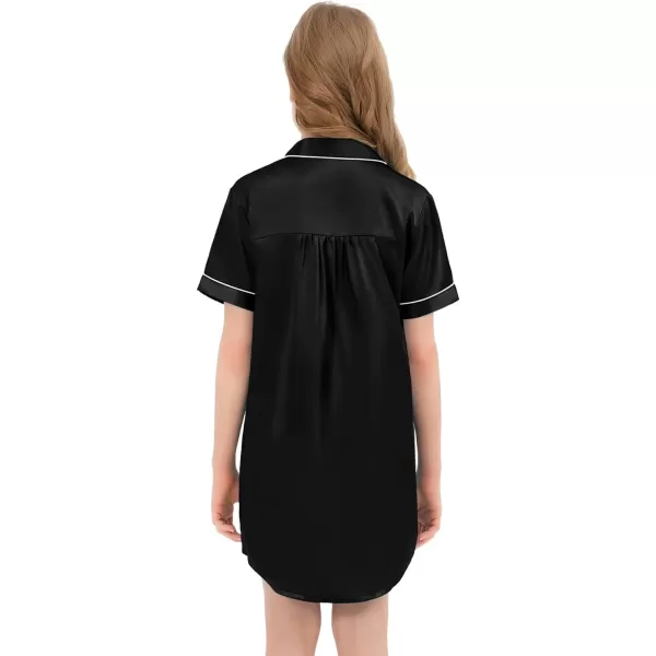 SWOMOG Girls Silk Satin Nightgowns Cute Sleep Dress ButtonDown PJS Tops Short Sleeve SleepshirtBlack