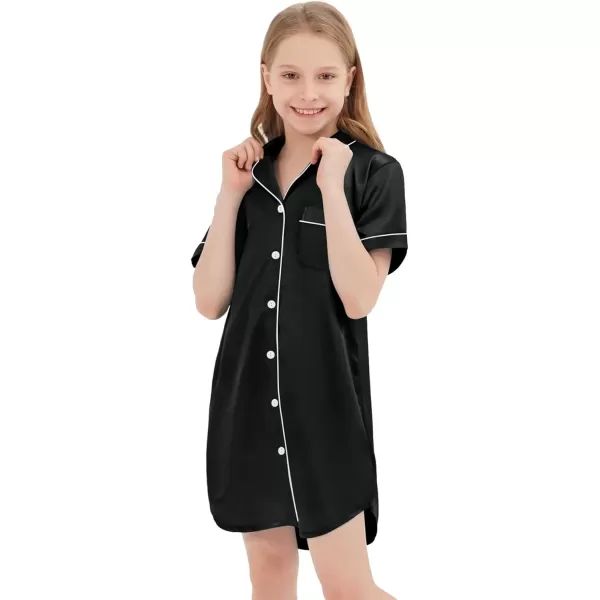 SWOMOG Girls Silk Satin Nightgowns Cute Sleep Dress ButtonDown PJS Tops Short Sleeve SleepshirtBlack