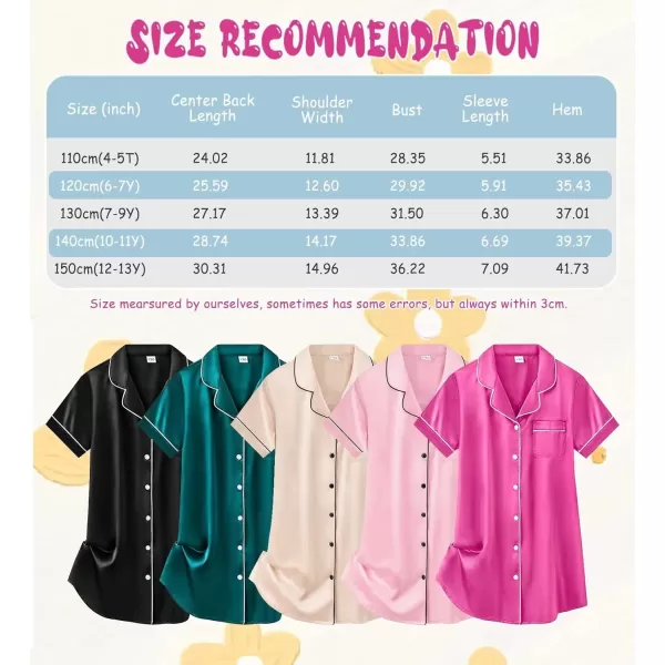 SWOMOG Girls Silk Satin Nightgowns Cute Sleep Dress ButtonDown PJS Tops Short Sleeve SleepshirtBlack