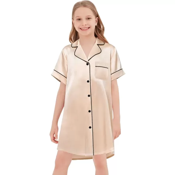 SWOMOG Girls Silk Satin Nightgowns Cute Sleep Dress ButtonDown PJS Tops Short Sleeve SleepshirtChampagne